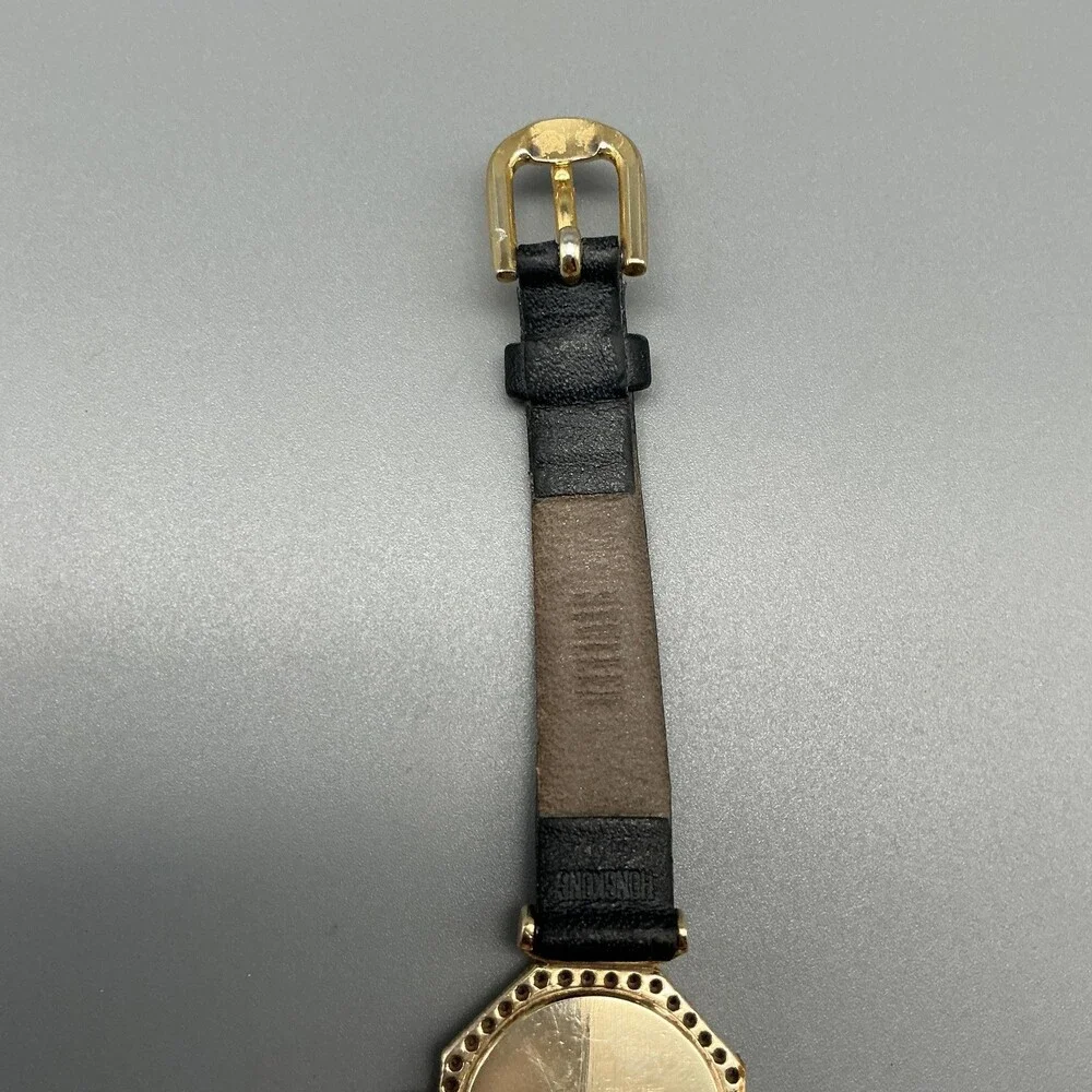 Allegro Womens Watch 22mm White Dial 14K Diamond Bezel Black Leather New Battery